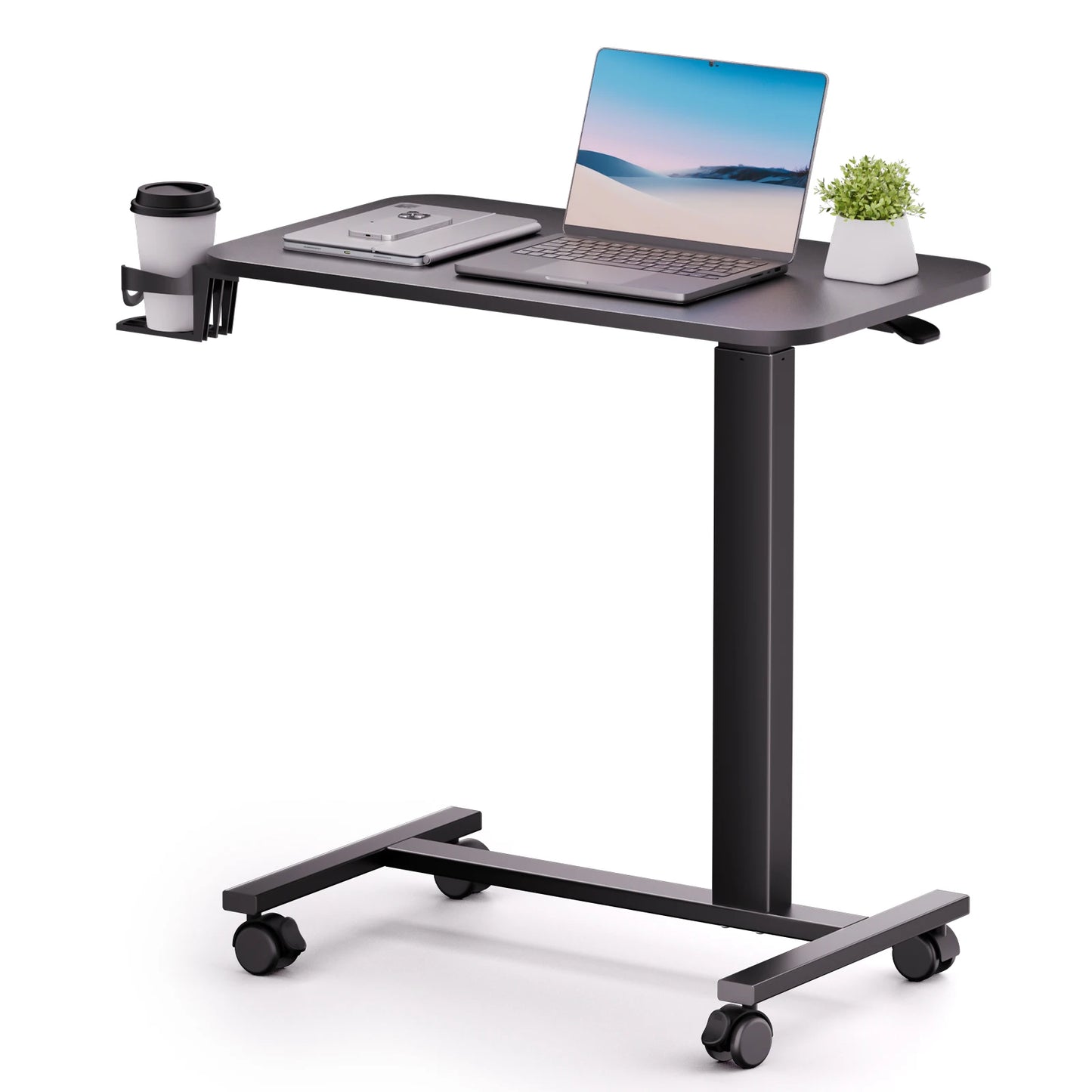 Adjustable Overbed Bedside Table with Lockable Wheels, Pneumatic Mobile Standing Laptop Desk
