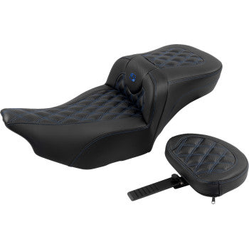 SADDLEMEN Roadsofa™ Extended Reach Seat - with Backrest - Lattice Stitch - Blue Stitch - FLTR/FLHX '23-'24 823-07-207B1