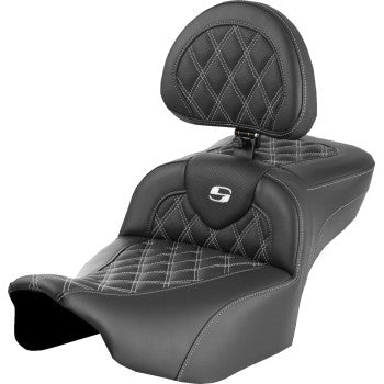 SADDLEMEN Roadsofa™ Extended Reach Seat - with Backrest - Lattice Stitch - White Stitch - FLTR/FLHX '23-'24 823-07-184B6