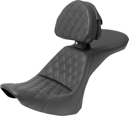 SADDLEMEN Explorer Seat - With Backrest - Lattice Stitched - Black - FLSTN 806-15-030LS