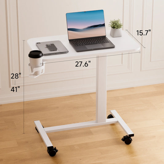 Adjustable Overbed Bedside Table with Lockable Wheels, Pneumatic Mobile Standing Laptop Desk