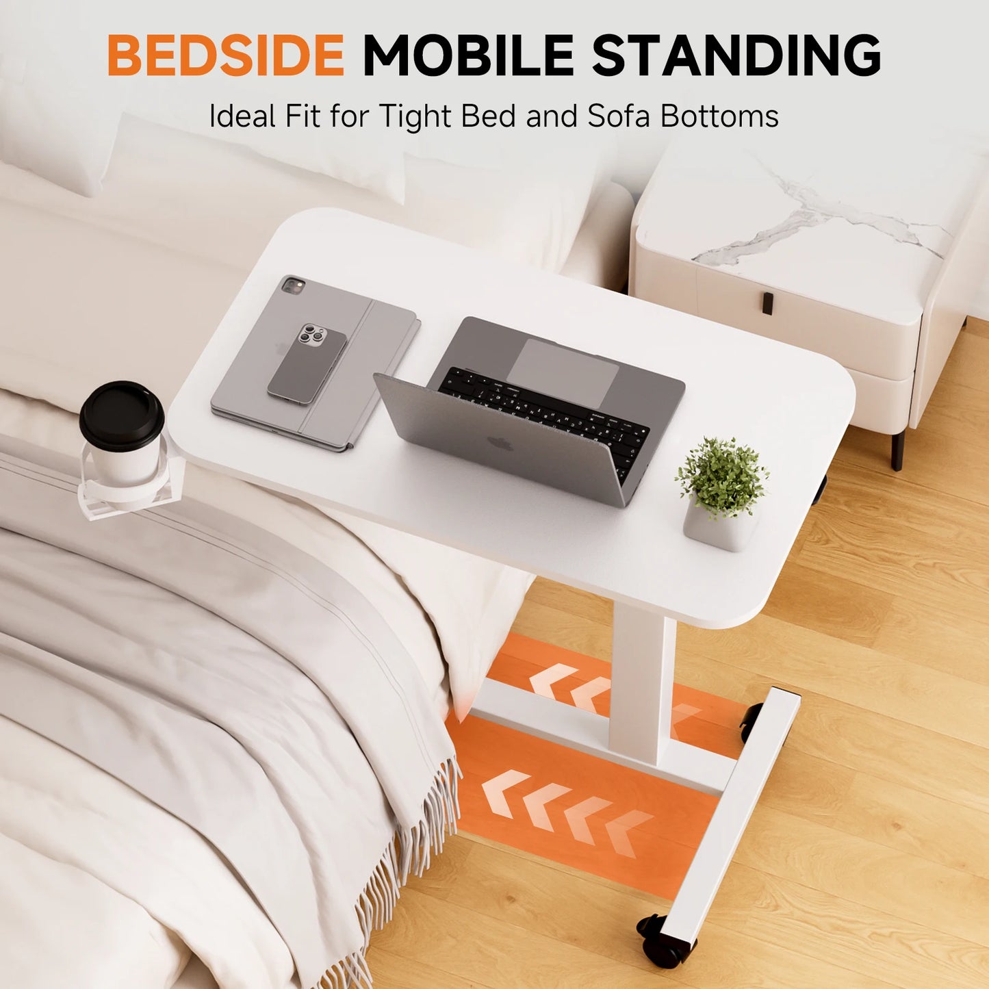 Adjustable Overbed Bedside Table with Lockable Wheels, Pneumatic Mobile Standing Laptop Desk
