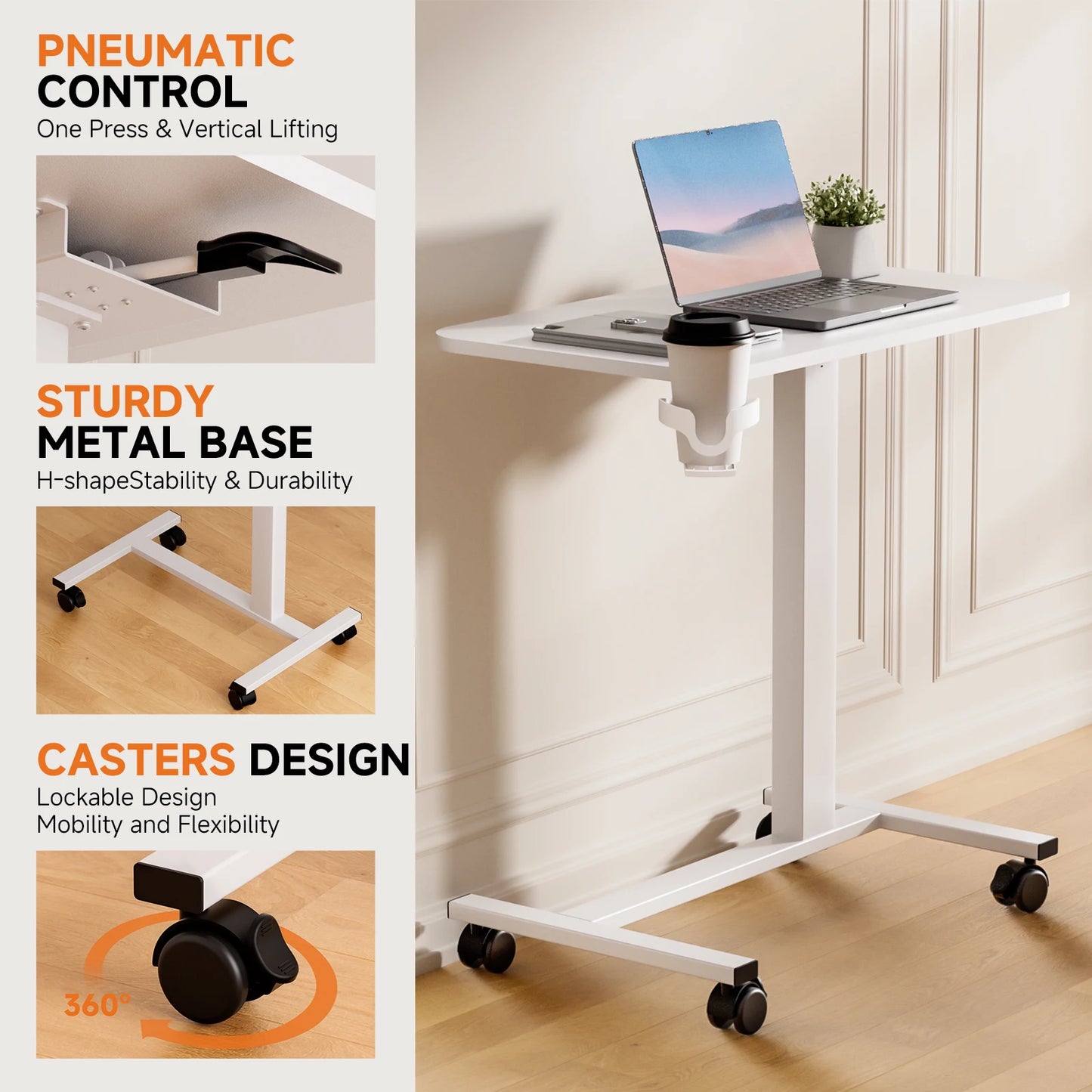 Adjustable Overbed Bedside Table with Lockable Wheels, Pneumatic Mobile Standing Laptop Desk