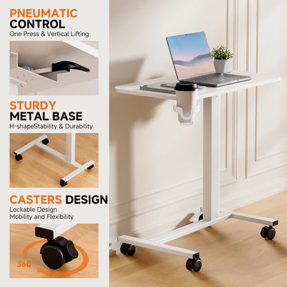 Adjustable Overbed Bedside Table with Lockable Wheels, Pneumatic Mobile Standing Laptop Desk