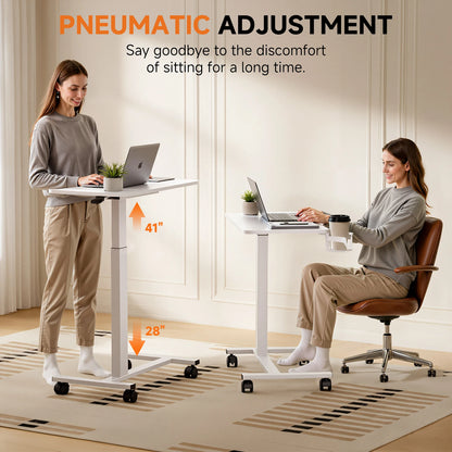 Adjustable Overbed Bedside Table with Lockable Wheels, Pneumatic Mobile Standing Laptop Desk