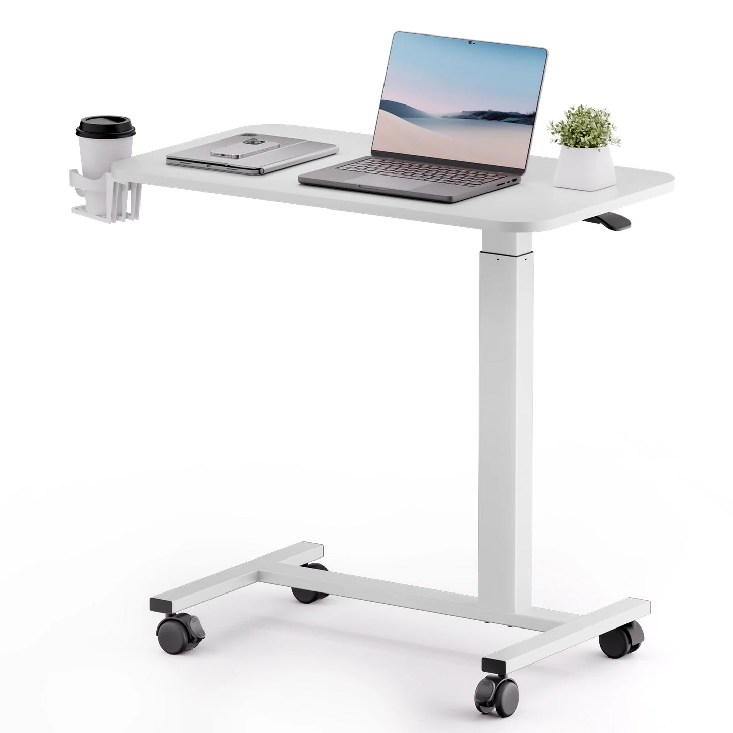 Adjustable Overbed Bedside Table with Lockable Wheels, Pneumatic Mobile Standing Laptop Desk
