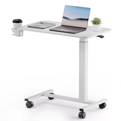 Adjustable Overbed Bedside Table with Lockable Wheels, Pneumatic Mobile Standing Laptop Desk