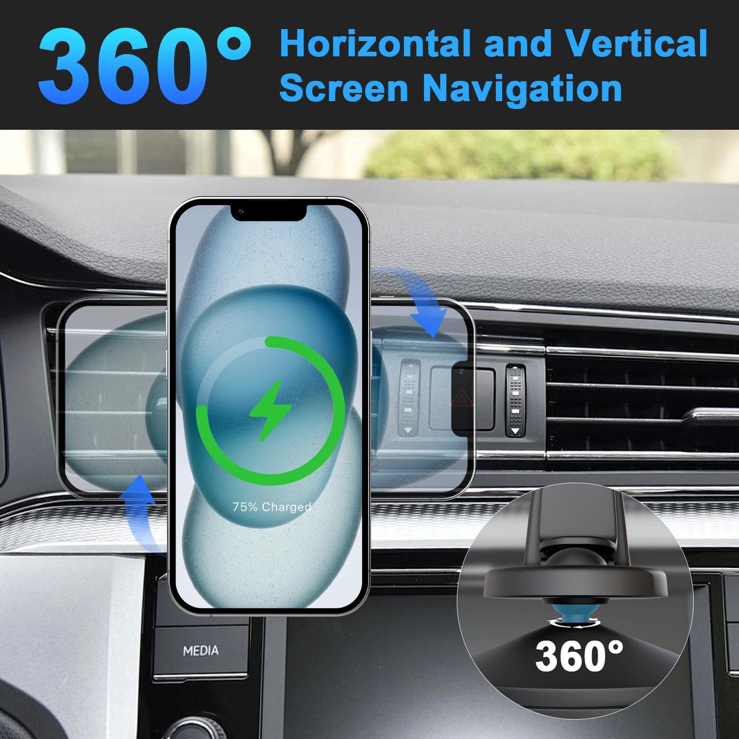 15W Wireless Magnetic Car Chargers/Fast Charging Docking Station 360 Degree