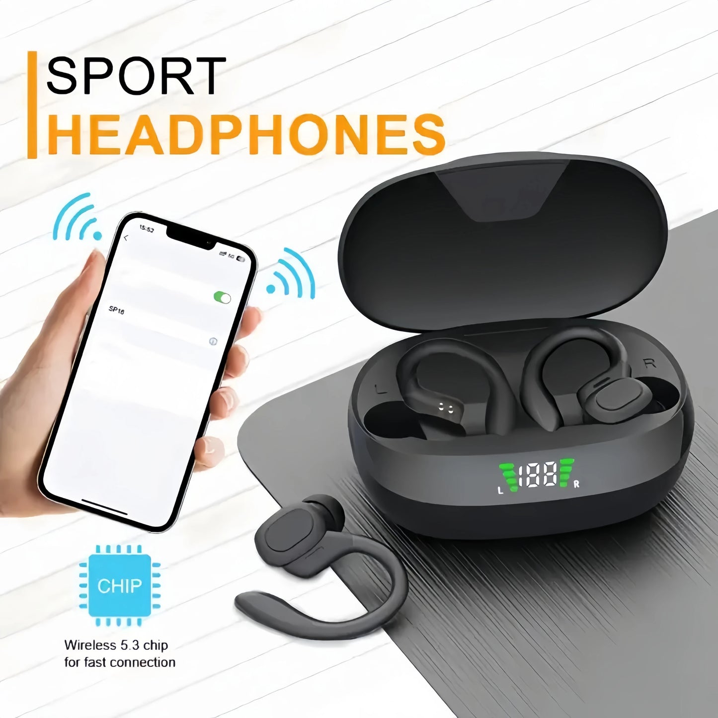 Wireless Earbuds with Microphone, Sports Ear Clip, and Led Display