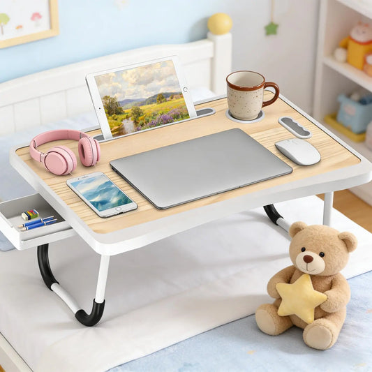 Laptop Bed Table with Foldable Legs & Cup Holder - Portable Lap Desk for Eating, Working, Writing on Bed, Sofa or Floor,