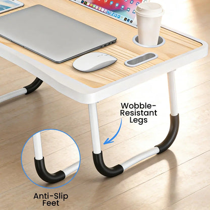 Laptop Bed Table with Foldable Legs & Cup Holder - Portable Lap Desk for Eating, Working, Writing on Bed, Sofa or Floor,