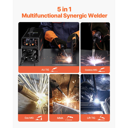 5-in-1 200Amp Plus Mig Welding Machine Gas,Flux Core MIG/Stick/Lift TIG/AU TIG with LCD Screen Display