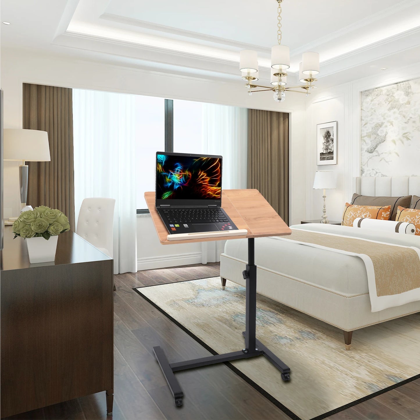 Adjustable 360 Rotating Desk/Tabletop Mobile Stand, Home Office Tray, Rolling Study Table, Computer Workstation