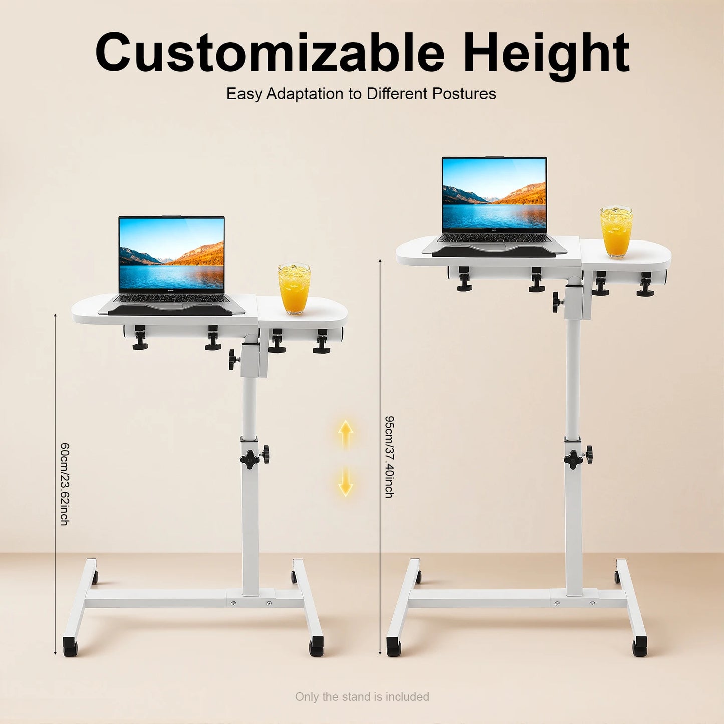 Laptop Desk Stand 360° Adjustable Tilting Overbed Table with Wheels Mobile Laptop Table Foldable Rolling Bedside Desk 60*40cm