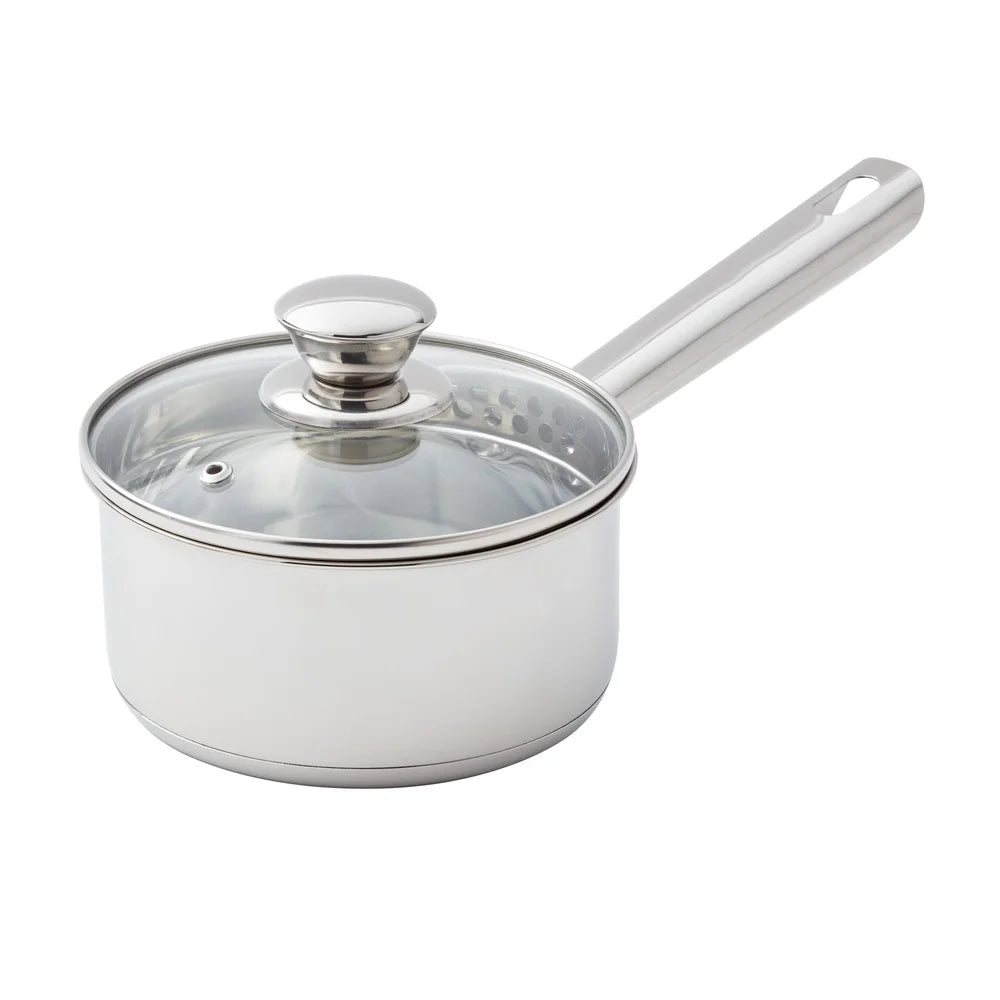 Oven Safe Stainless Steel Saucepan with Straining Lid 1qt Dishwasher Safe Induction Compatible Heat Resistant Glass Lid Durable
