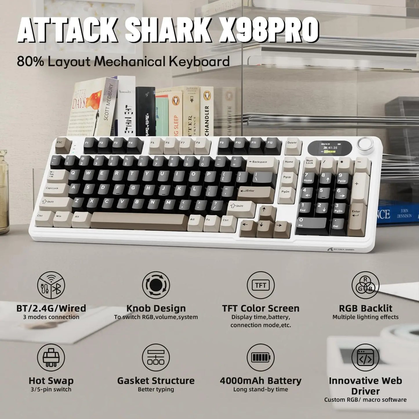 ATTACK SHARK X98 Pro Wireless Mechanical Keyboard with Screen & Knob, Tri-mode Gasket Hot Swappable RGB  Keyboard, Web Driver