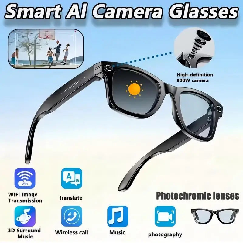 8MP camera smart glasses with video recording, 4K resolution, metal semi-rimless design, photochromic lenses