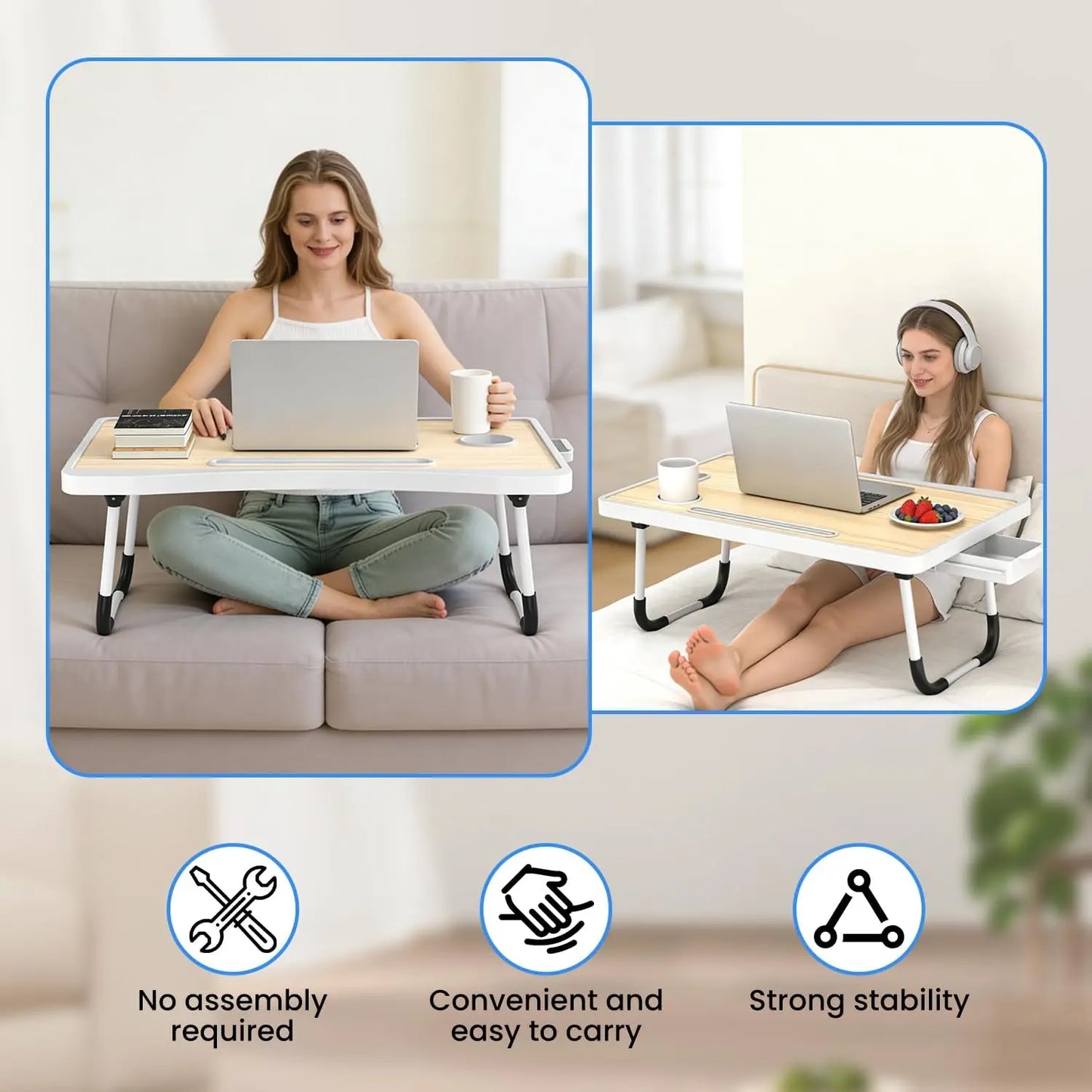 Laptop Bed Table with Foldable Legs & Cup Holder - Portable Lap Desk for Eating, Working, Writing on Bed, Sofa or Floor,