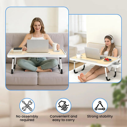 Laptop Bed Table with Foldable Legs & Cup Holder - Portable Lap Desk for Eating, Working, Writing on Bed, Sofa or Floor,