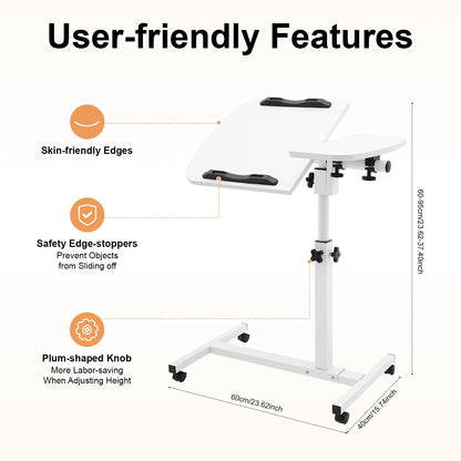 Laptop Desk Stand 360° Adjustable Tilting Overbed Table with Wheels Mobile Laptop Table Foldable Rolling Bedside Desk 60*40cm