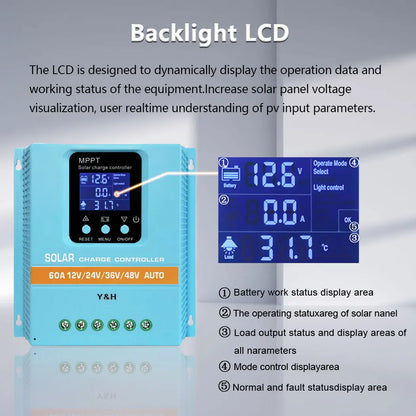 60A 80A 100A Solar Charge Controller 12V 24V 36V 48V LCD Display Solar Panel Battery Intelligent Regulator