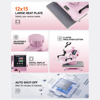 8 in 1 Heat Press/Transfer Machine for T-Shirts/Mugs/Hats/Plates Pink