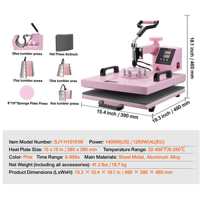 8 in 1 Heat Press/Transfer Machine for T-Shirts/Mugs/Hats/Plates Pink