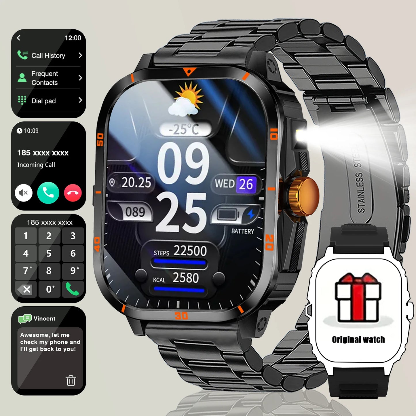 2025 Men's Smart Watch with Wireless Calling, and Dual Straps (Stainless Steel+Silicone),