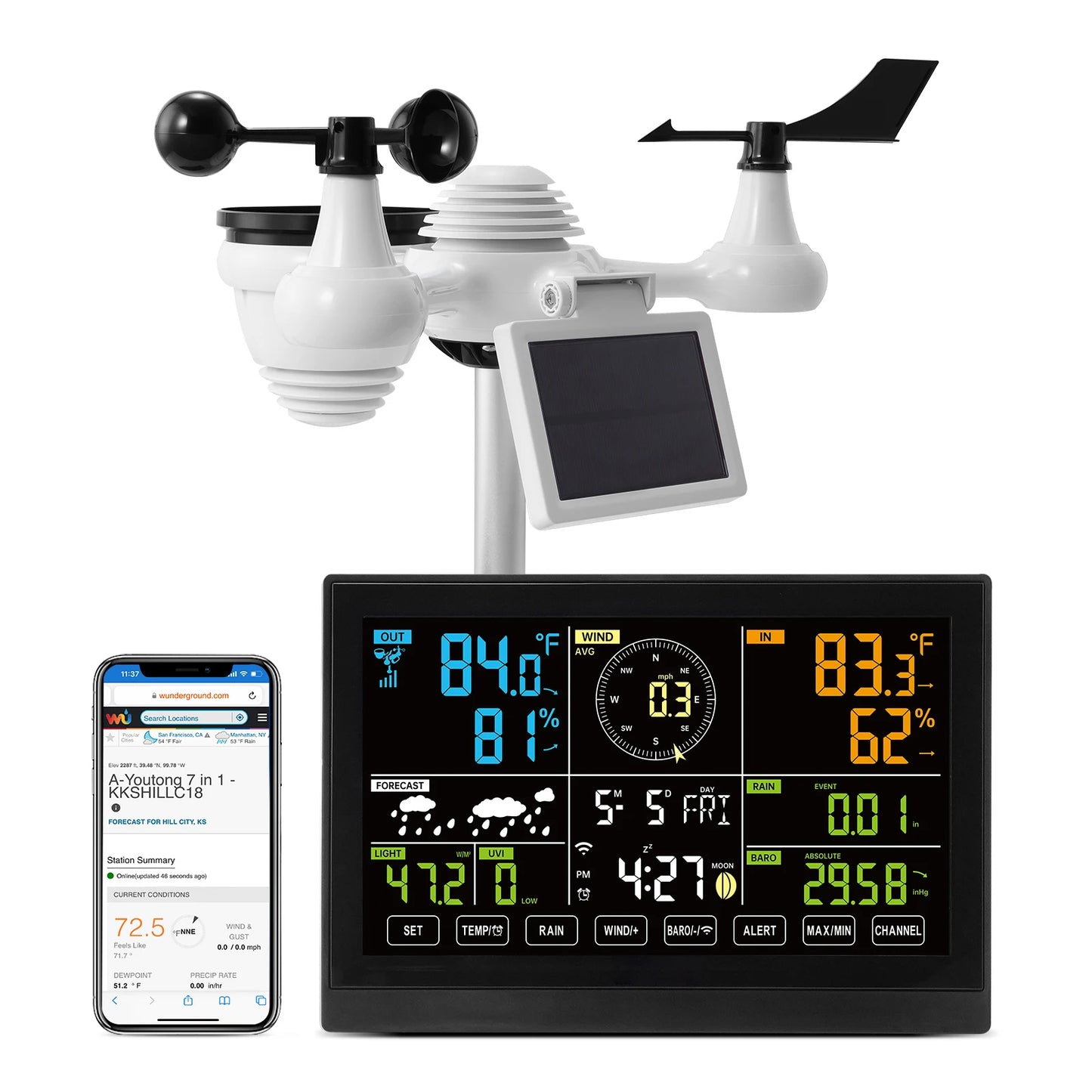 7-in-1 Wi-Fi Weather Station / Solar Wireless Outdoor Temperature Sensor with Humidity Alarm