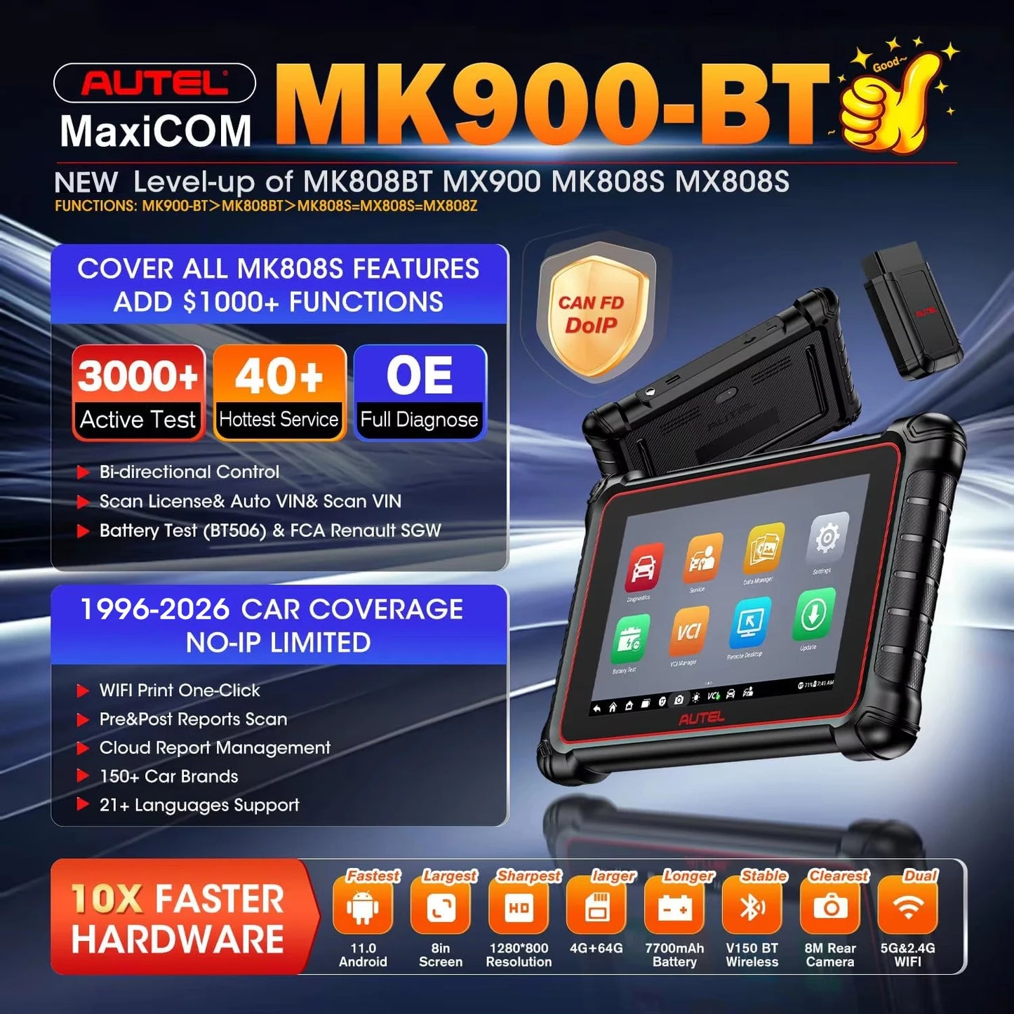 MK900BT MK900-BT Car Bi-directional Diagnostic Tools 40+ Services