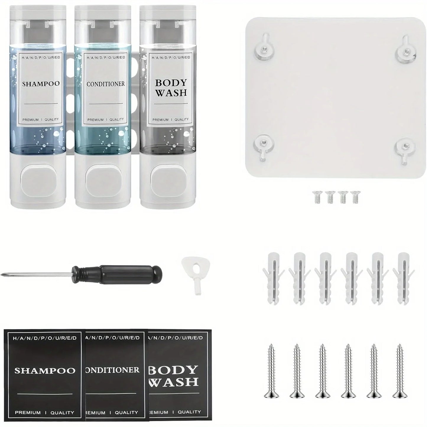 Wall-mounted, 3-in-1 Shampoo and Conditioner Dispenser,