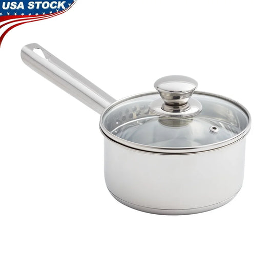 Oven Safe Stainless Steel Saucepan with Straining Lid 1qt Dishwasher Safe Induction Compatible Heat Resistant Glass Lid Durable