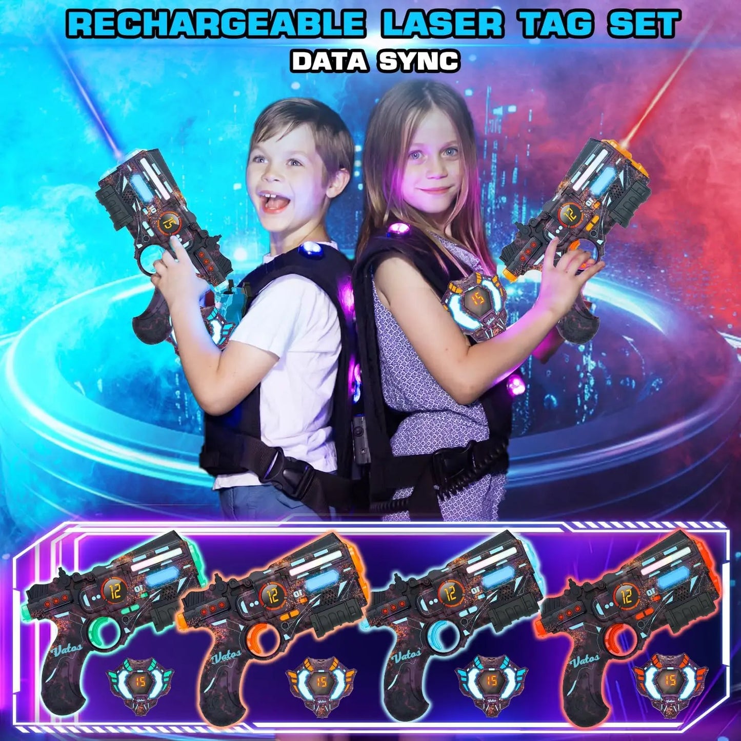 VATOS 4 Rechargeable Infrared Laser Tag Guns and Vest with Glowing Lights