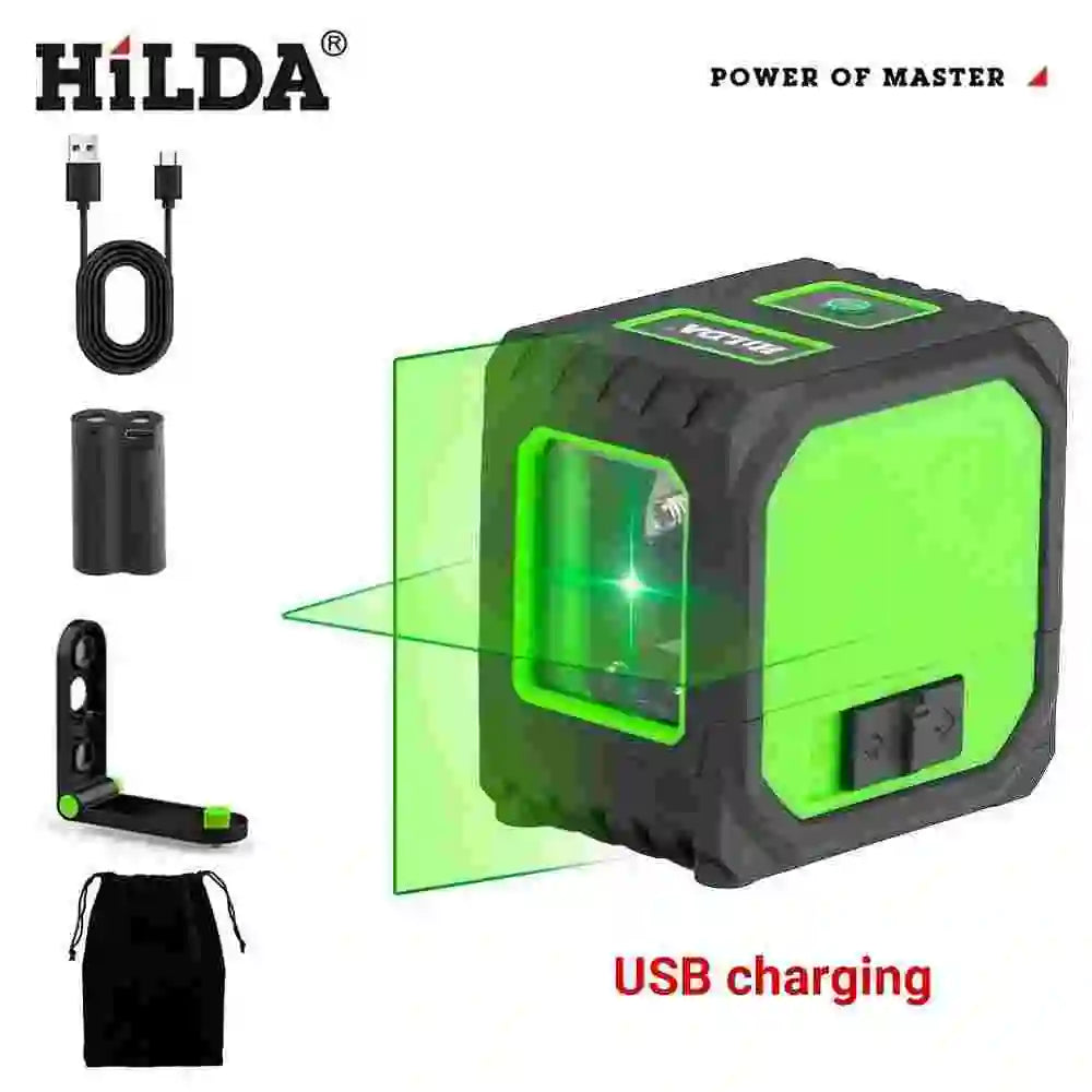 2-line Green Light Laser Level with Rechargeable Lithium Battery and Bracket