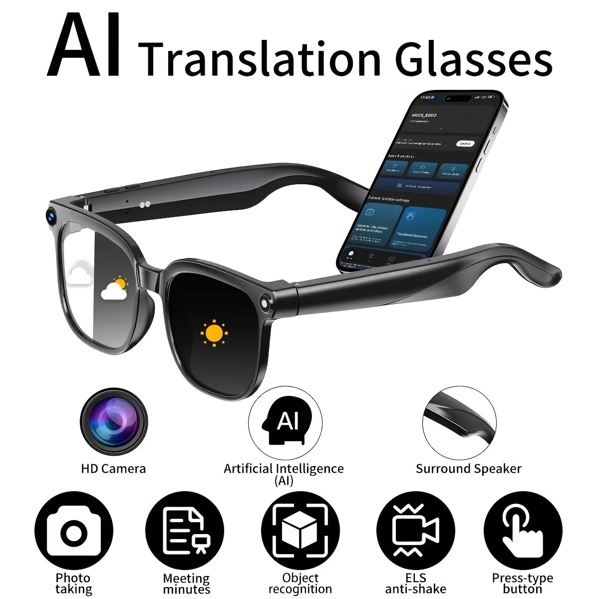 AI Smart Video Glasses, with 8-megapixel camera, supporting 4K HD video recording, wireless calling and music