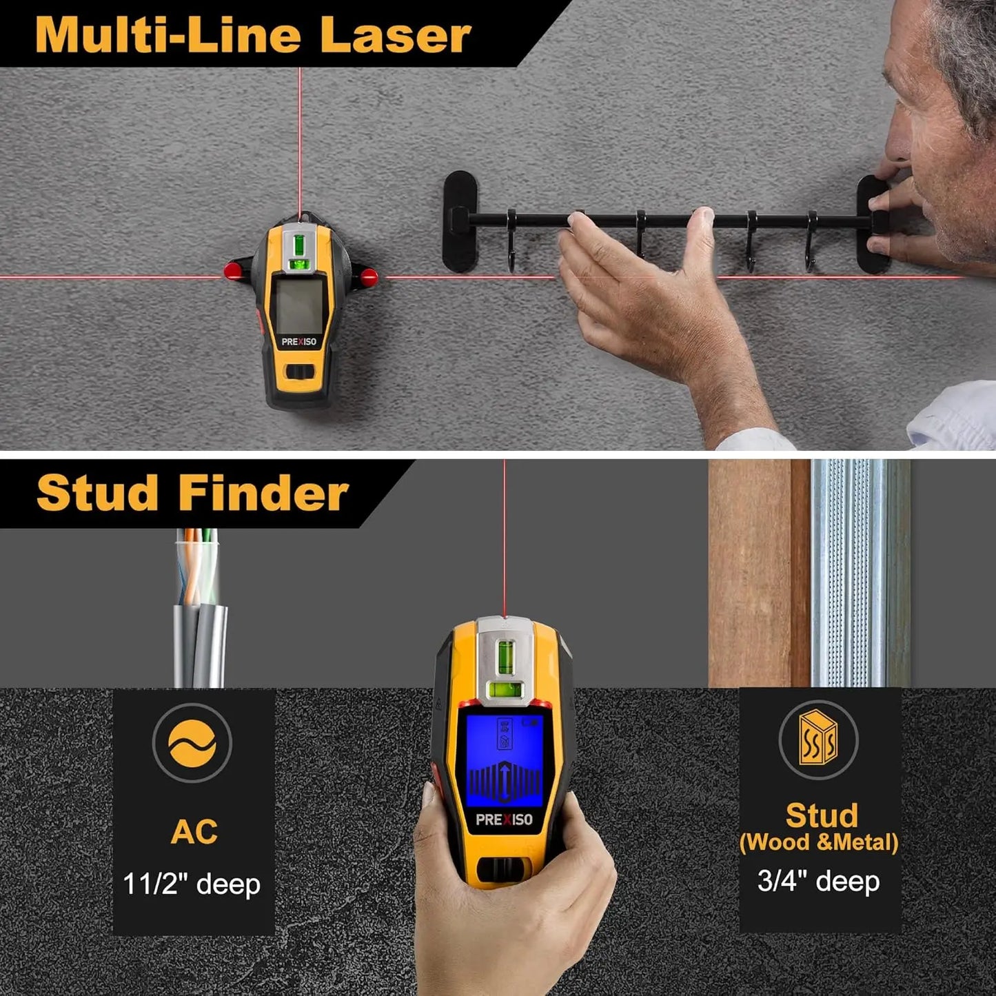 Rechargeable 2-in-1 Stud Finder with Laser Level for Wall, Wood, Metal & Wire Detection