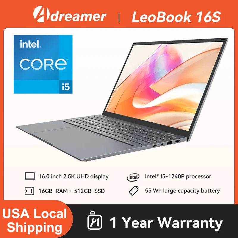 16 Inch Laptop/Intel Core i5 Windows 11 Laptop 16GB RAM 1TB ROM SSD