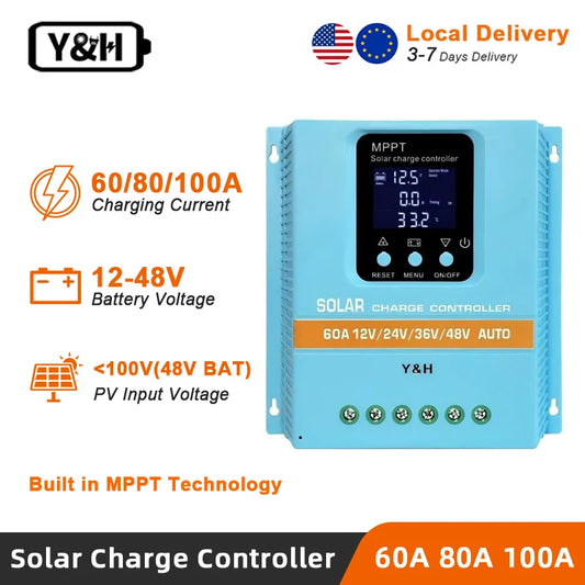 60A 80A 100A Solar Charge Controller 12V 24V 36V 48V LCD Display Solar Panel Battery Intelligent Regulator