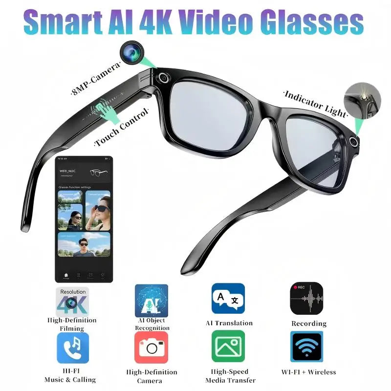 8MP camera smart glasses with video recording, 4K resolution, metal semi-rimless design, photochromic lenses