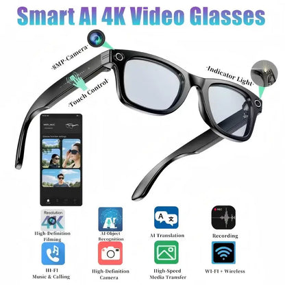 8MP camera smart glasses with video recording, 4K resolution, metal semi-rimless design, photochromic lenses
