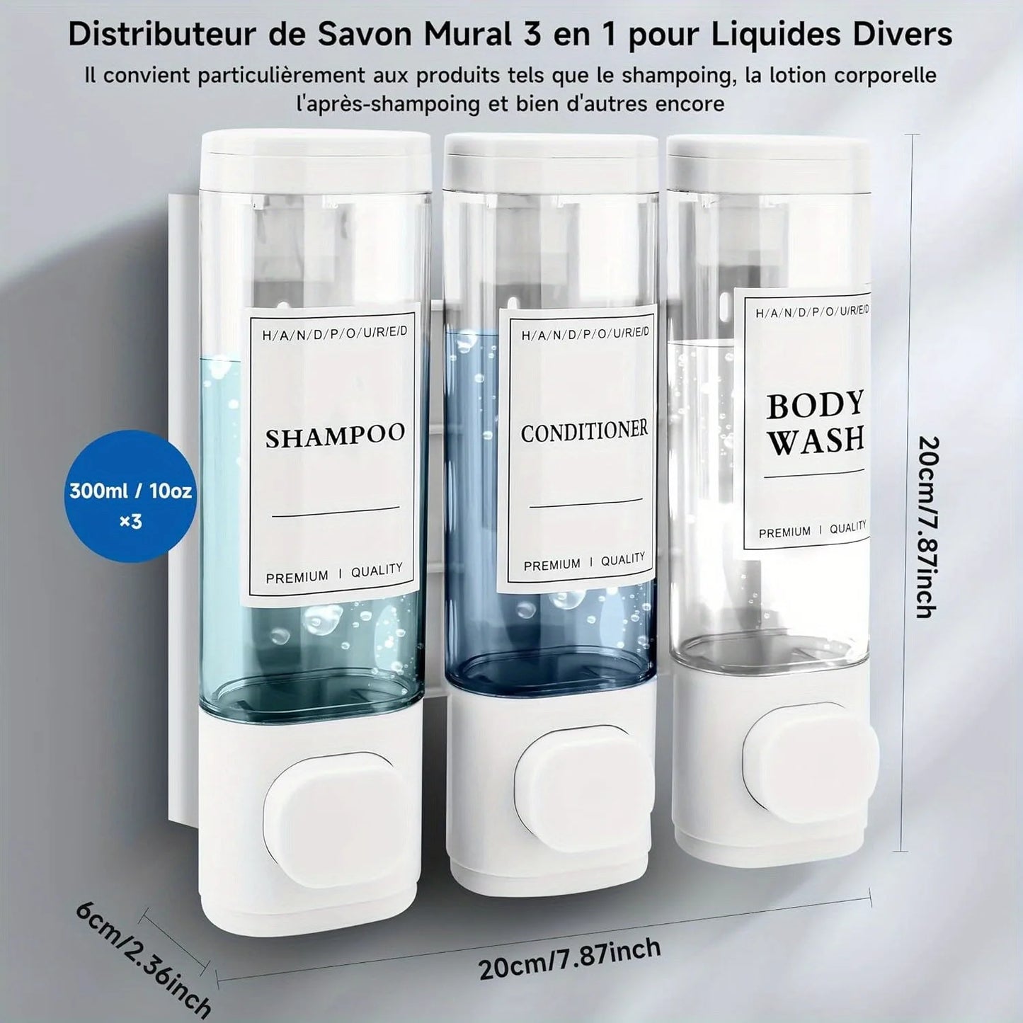 Wall-mounted, 3-in-1 Shampoo and Conditioner Dispenser,