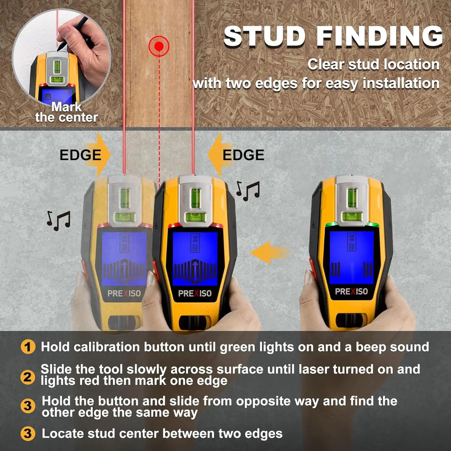 Rechargeable 2-in-1 Stud Finder with Laser Level for Wall, Wood, Metal & Wire Detection