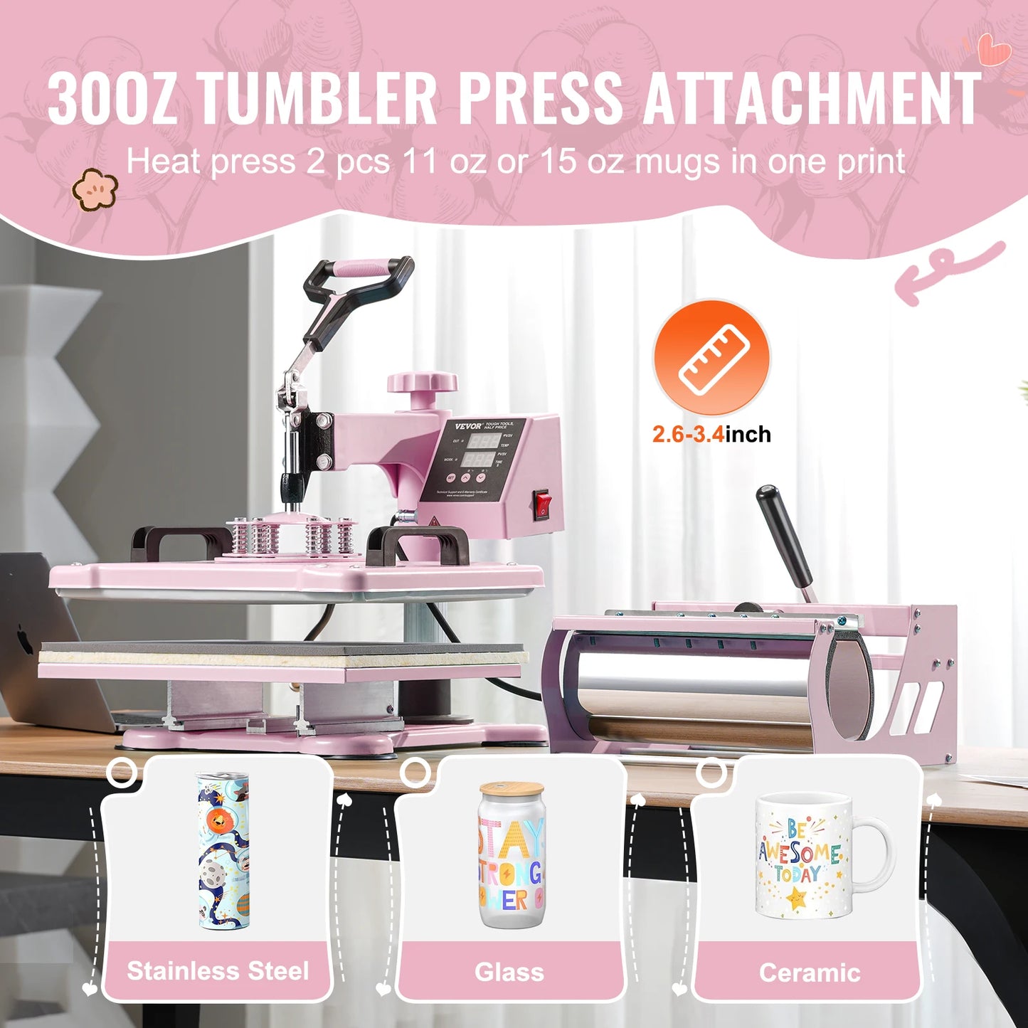 8 in 1 Heat Press/Transfer Machine for T-Shirts/Mugs/Hats/Plates Pink