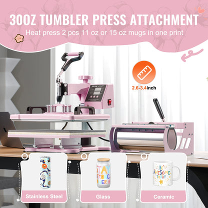 8 in 1 Heat Press/Transfer Machine for T-Shirts/Mugs/Hats/Plates Pink