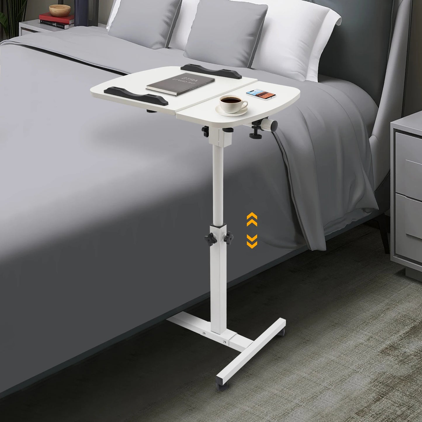 Laptop Desk Stand 360° Adjustable Tilting Overbed Table with Wheels Mobile Laptop Table Foldable Rolling Bedside Desk 60*40cm