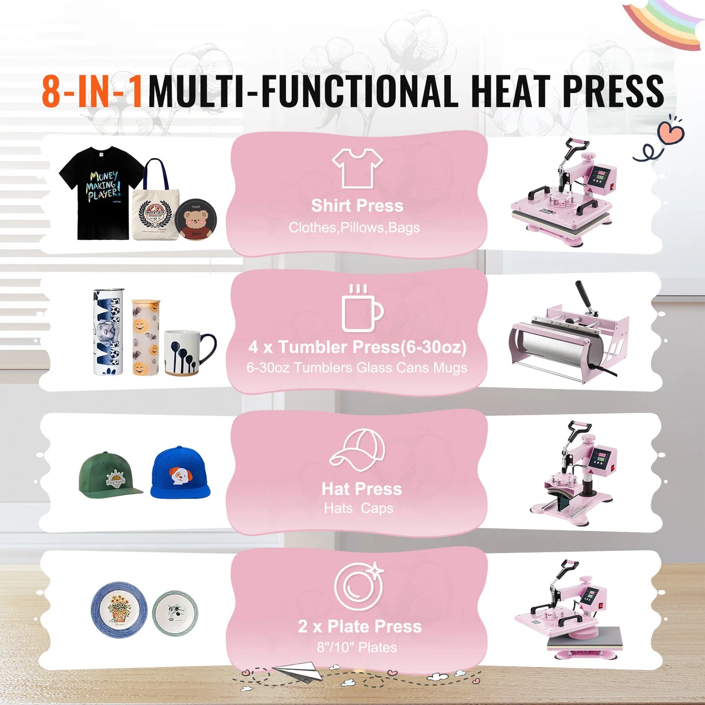 8 in 1 Heat Press/Transfer Machine for T-Shirts/Mugs/Hats/Plates Pink