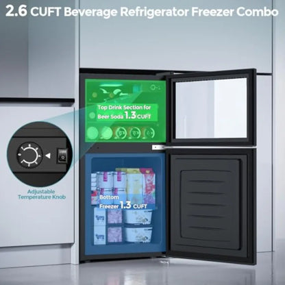 2.6 cu.ft glass-door mini fridge with freezer, reversible design