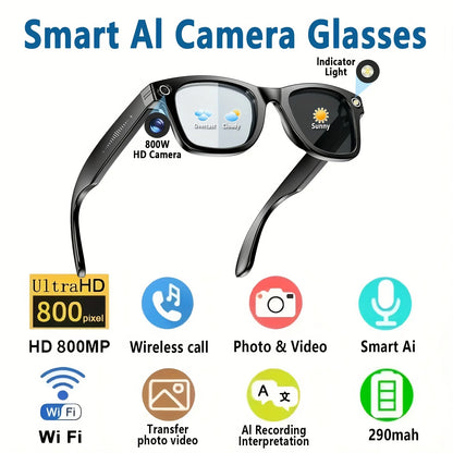8MP camera smart glasses with video recording, 4K resolution, metal semi-rimless design, photochromic lenses