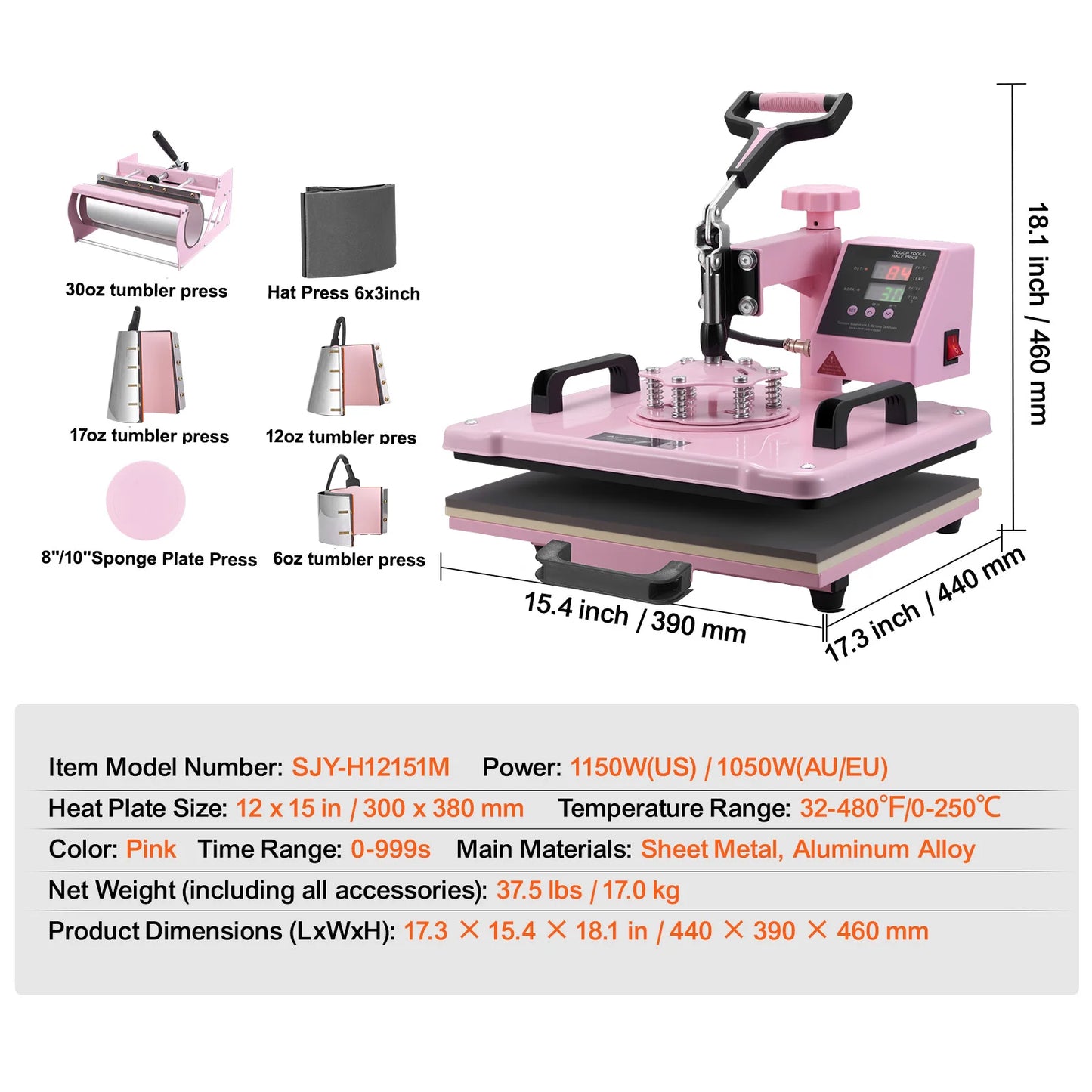 8 in 1 Heat Press/Transfer Machine for T-Shirts/Mugs/Hats/Plates Pink
