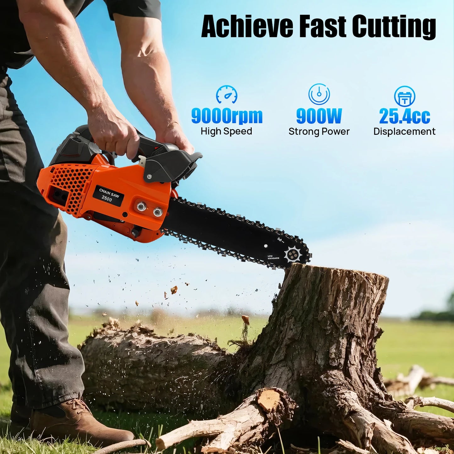 9000 RPM Gasoline Chainsaw,  25.4cc 2-Stroke Engine